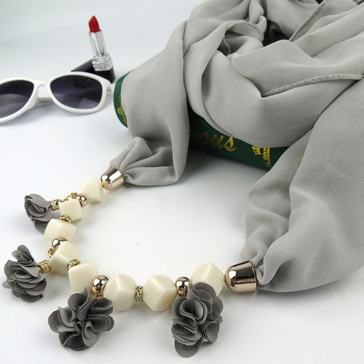 Women Printed Chiffon Ring Scarf Hijabs Multi-style Jewelry Necklace Flower Pendant Scarf