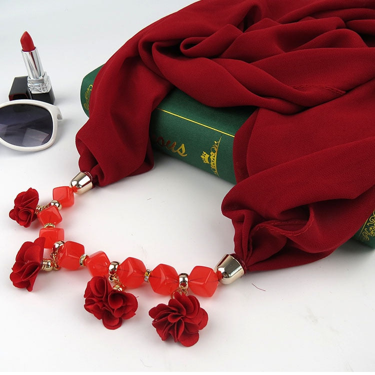 Women Printed Chiffon Ring Scarf Hijabs Multi-style Jewelry Necklace Flower Pendant Scarf