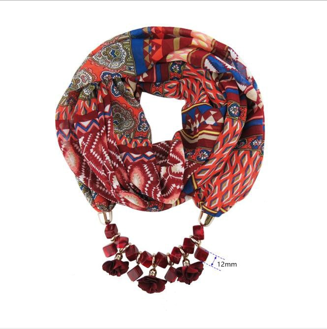 Women Printed Chiffon Ring Scarf Hijabs Multi-style Jewelry Necklace Flower Pendant Scarf