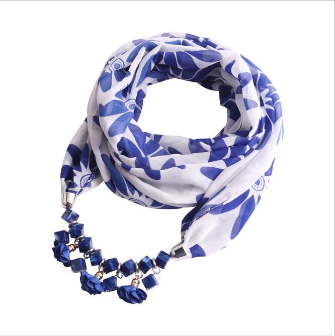 Women Printed Chiffon Ring Scarf Hijabs Multi-style Jewelry Necklace Flower Pendant Scarf
