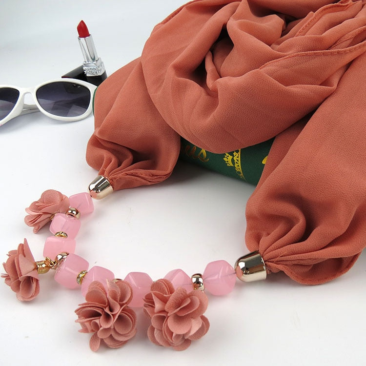 Women Printed Chiffon Ring Scarf Hijabs Multi-style Jewelry Necklace Flower Pendant Scarf