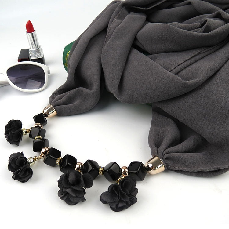 Women Printed Chiffon Ring Scarf Hijabs Multi-style Jewelry Necklace Flower Pendant Scarf