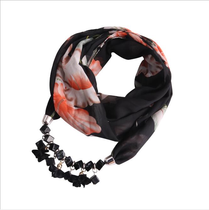 Women Printed Chiffon Ring Scarf Hijabs Multi-style Jewelry Necklace Flower Pendant Scarf