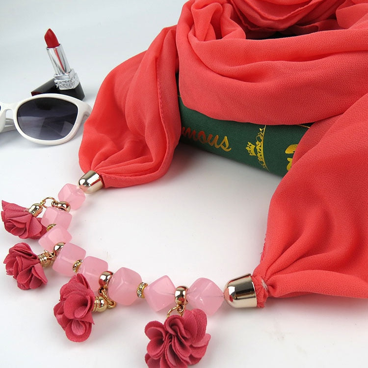 Women Printed Chiffon Ring Scarf Hijabs Multi-style Jewelry Necklace Flower Pendant Scarf