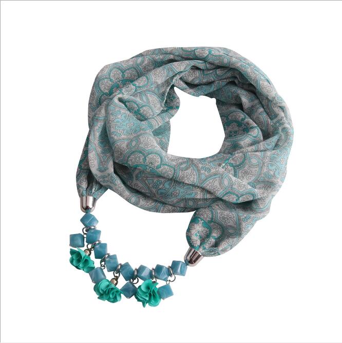 Women Printed Chiffon Ring Scarf Hijabs Multi-style Jewelry Necklace Flower Pendant Scarf
