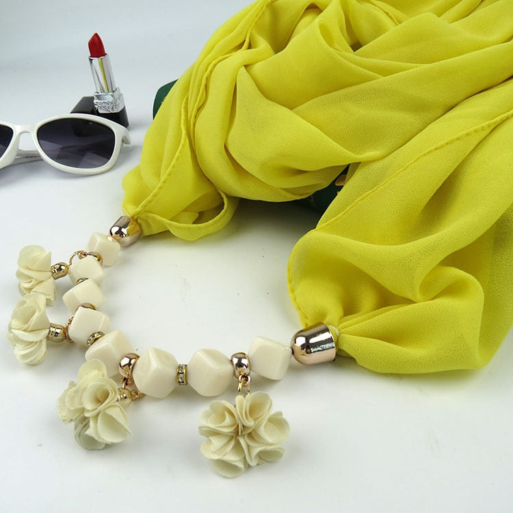 Women Printed Chiffon Ring Scarf Hijabs Multi-style Jewelry Necklace Flower Pendant Scarf