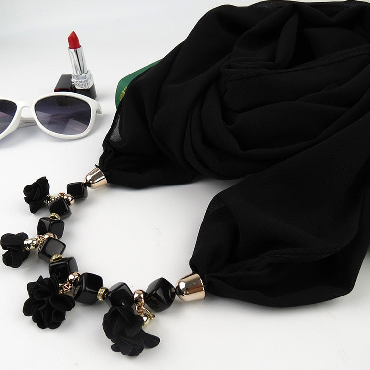 Women Printed Chiffon Ring Scarf Hijabs Multi-style Jewelry Necklace Flower Pendant Scarf