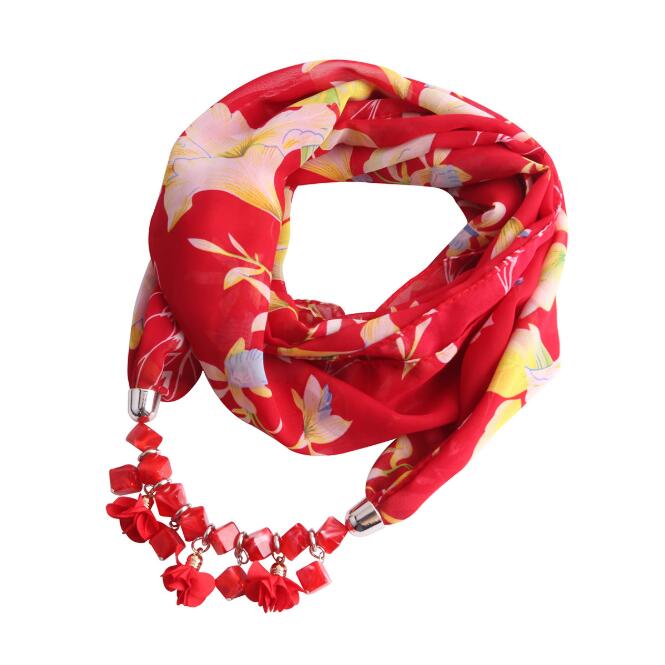 Women Printed Chiffon Ring Scarf Hijabs Multi-style Jewelry Necklace Flower Pendant Scarf