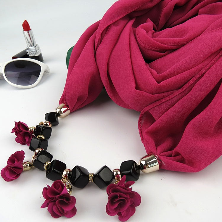Women Printed Chiffon Ring Scarf Hijabs Multi-style Jewelry Necklace Flower Pendant Scarf