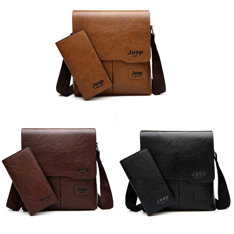 JEEP BULUO Man's Bag 2PC/Set Men Leather Messenger Shoulder Bags
