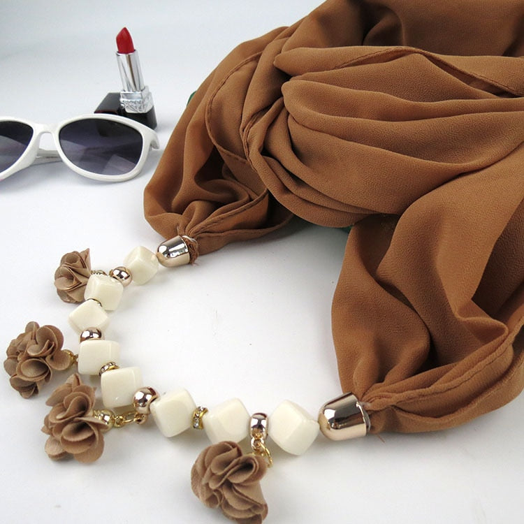 Women Printed Chiffon Ring Scarf Hijabs Multi-style Jewelry Necklace Flower Pendant Scarf