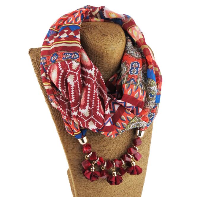 Women Printed Chiffon Ring Scarf Hijabs Multi-style Jewelry Necklace Flower Pendant Scarf