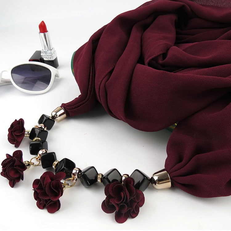 Women Printed Chiffon Ring Scarf Hijabs Multi-style Jewelry Necklace Flower Pendant Scarf