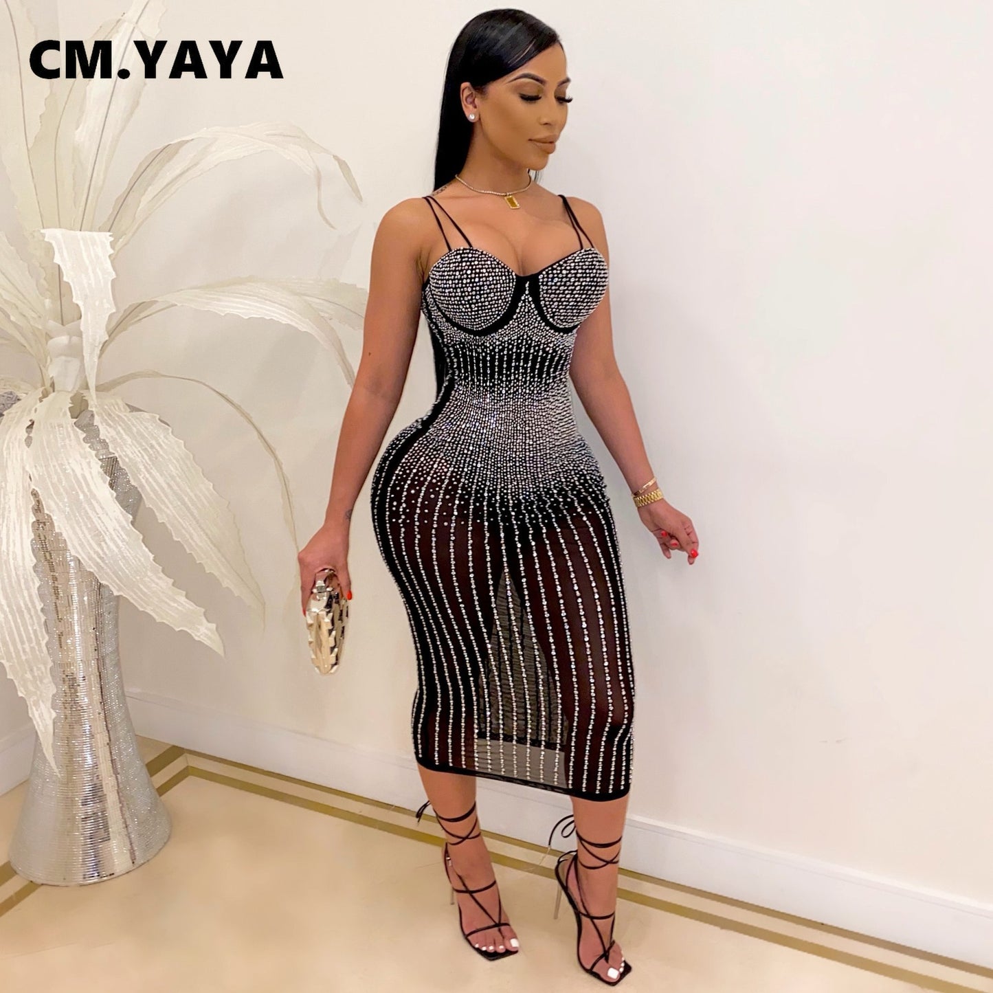 CM.YAYA Mesh See Though Hot Rhinestones Plunging V-neck Midi Bodycon Dress for Women