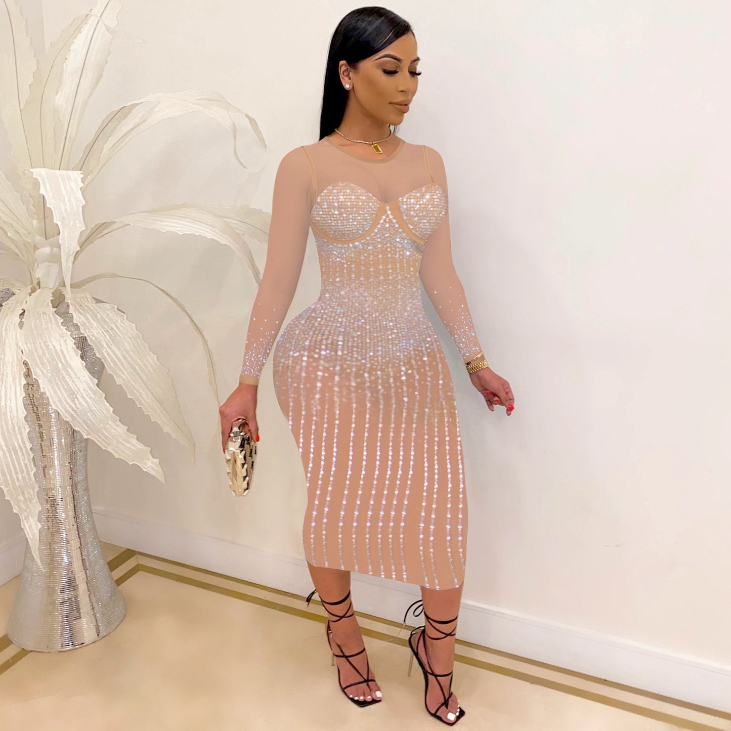 CM.YAYA Mesh See Though Hot Rhinestones Plunging V-neck Midi Bodycon Dress for Women