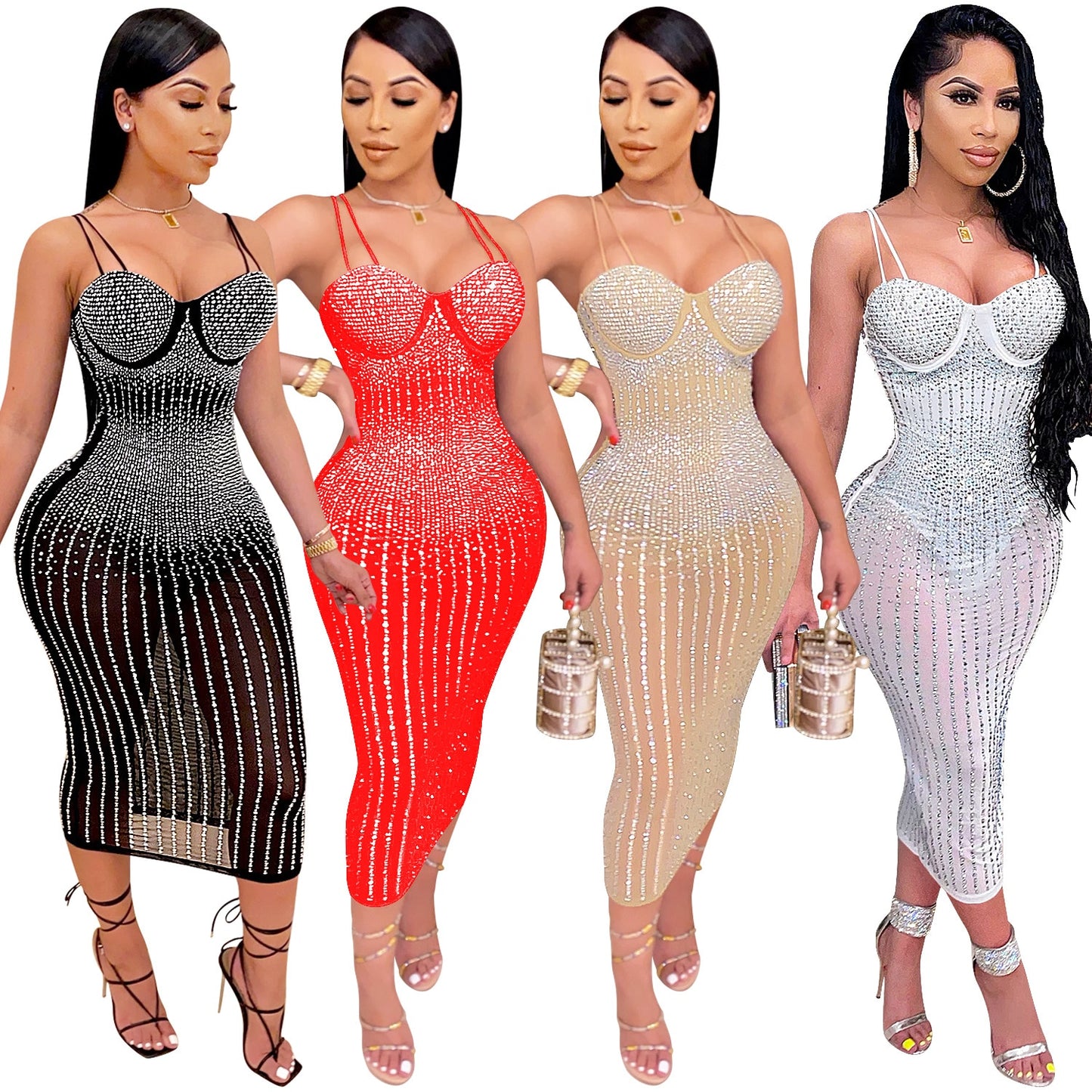 CM.YAYA Mesh See Though Hot Rhinestones Plunging V-neck Midi Bodycon Dress for Women