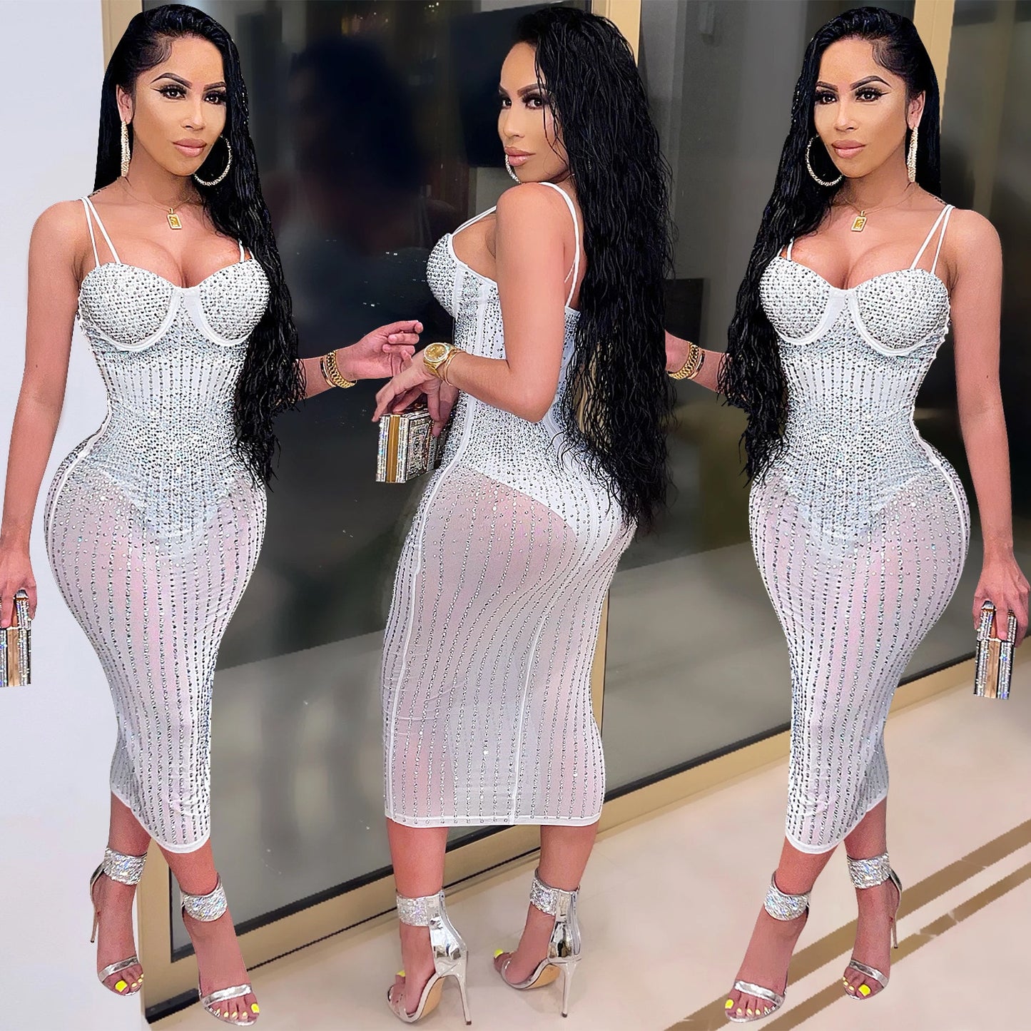 CM.YAYA Mesh See Though Hot Rhinestones Plunging V-neck Midi Bodycon Dress for Women