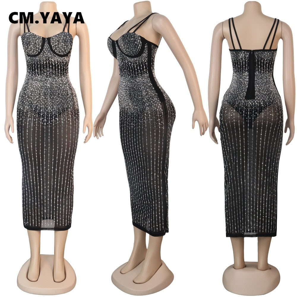 CM.YAYA Mesh See Though Hot Rhinestones Plunging V-neck Midi Bodycon Dress for Women