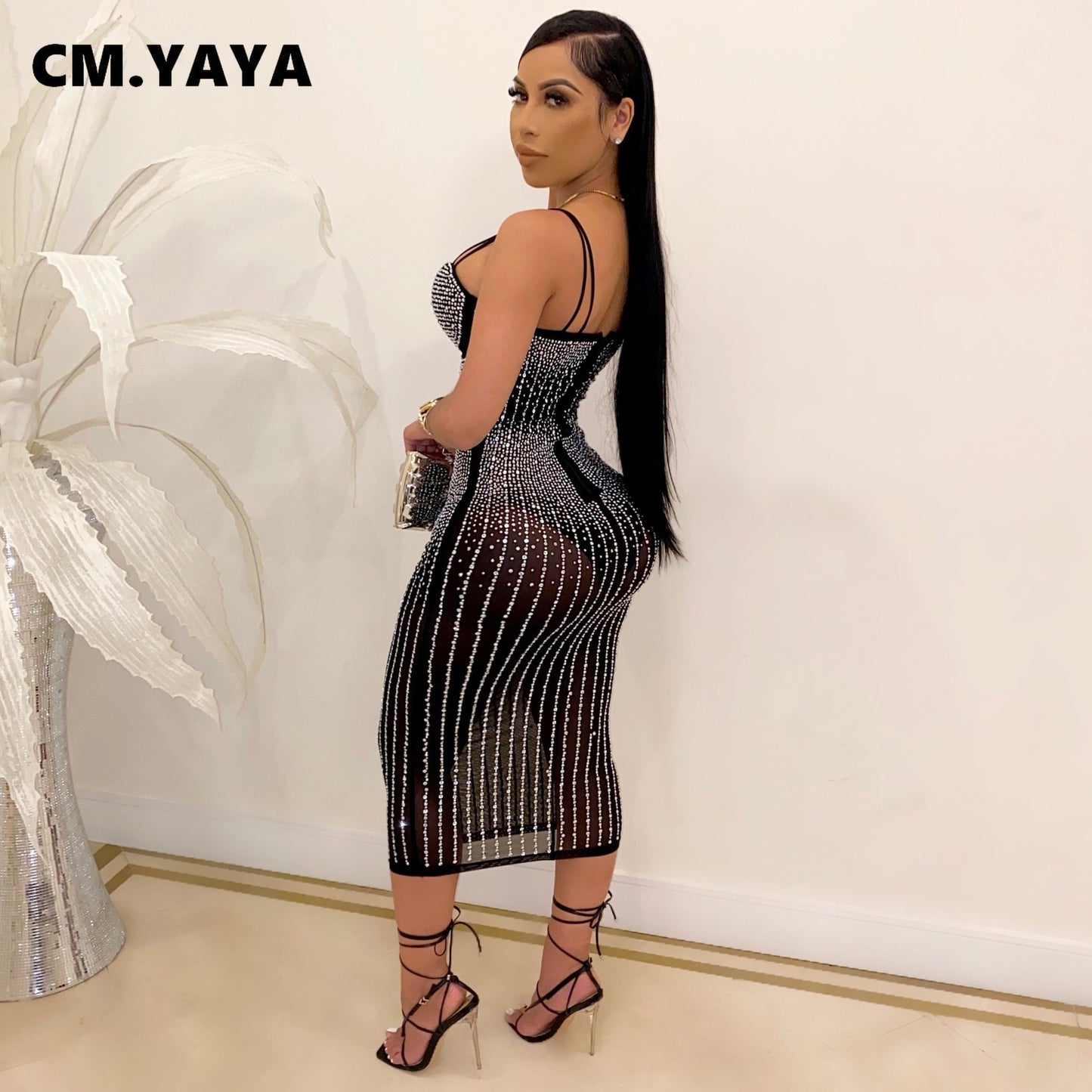 CM.YAYA Mesh See Though Hot Rhinestones Plunging V-neck Midi Bodycon Dress for Women