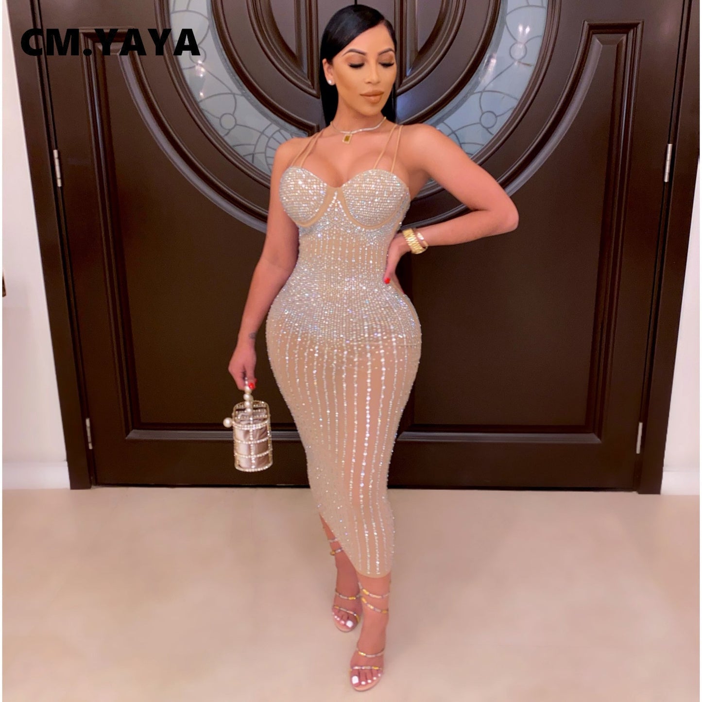 CM.YAYA Mesh See Though Hot Rhinestones Plunging V-neck Midi Bodycon Dress for Women