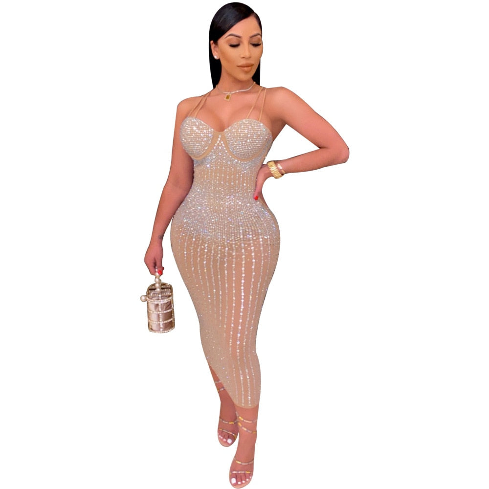 CM.YAYA Mesh See Though Hot Rhinestones Plunging V-neck Midi Bodycon Dress for Women