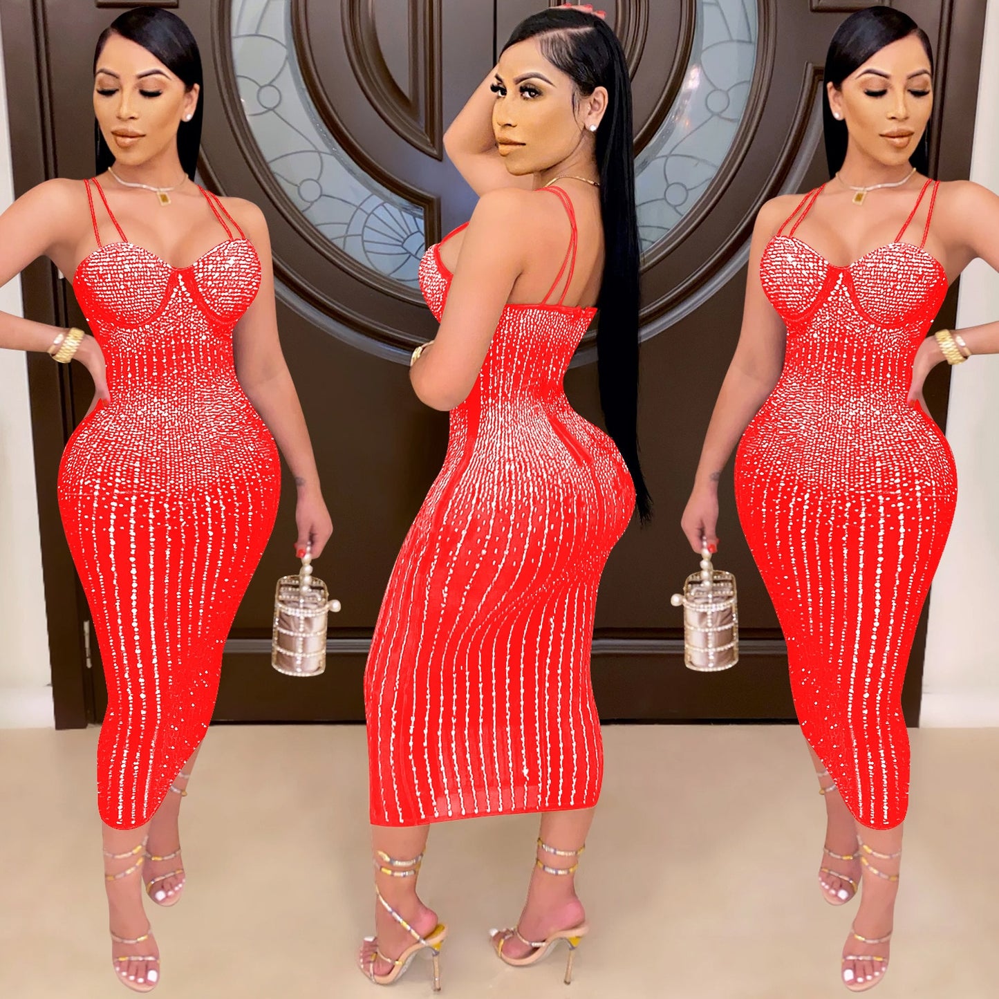 CM.YAYA Mesh See Though Hot Rhinestones Plunging V-neck Midi Bodycon Dress for Women