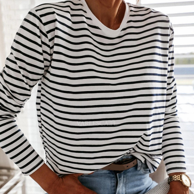 Women Black And White Stripes O Neck Casual Tops Long Sleeve Loose Pullover