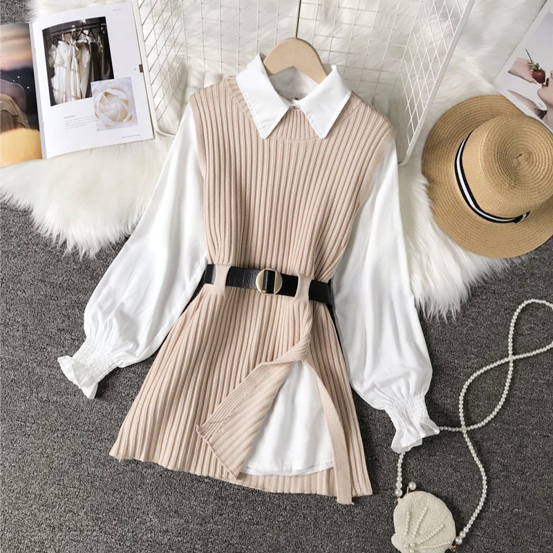 Long lantern sleeve shirt women knitted vest 2 two piece set 2022