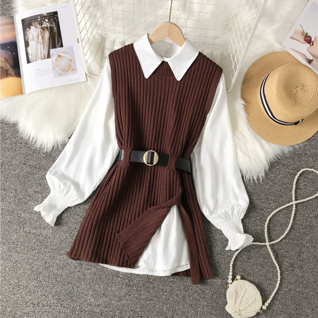 Long lantern sleeve shirt women knitted vest 2 two piece set 2022