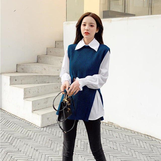 Long lantern sleeve shirt women knitted vest 2 two piece set 2022
