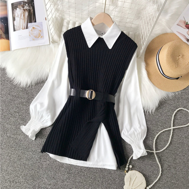 Long lantern sleeve shirt women knitted vest 2 two piece set 2022