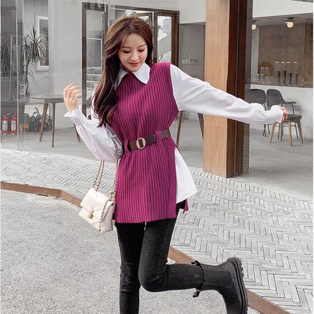 Long lantern sleeve shirt women knitted vest 2 two piece set 2022