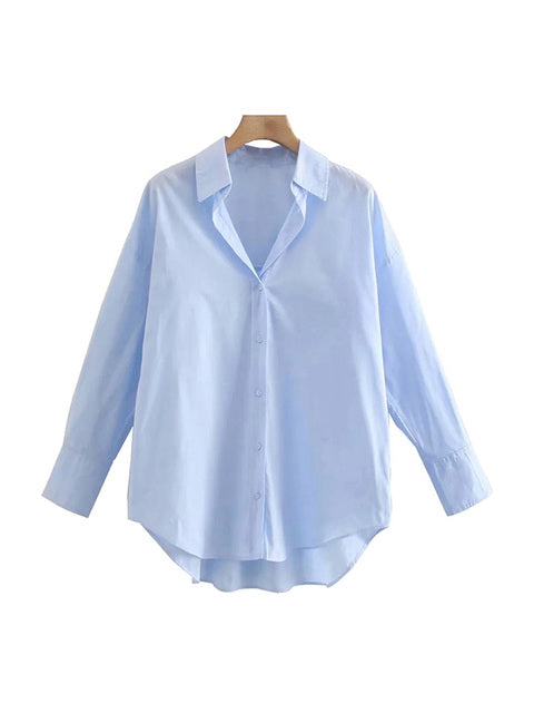 TRAF Women Fashion Loose Asymmetry Poplin Blouses Vintage Long Sleeve