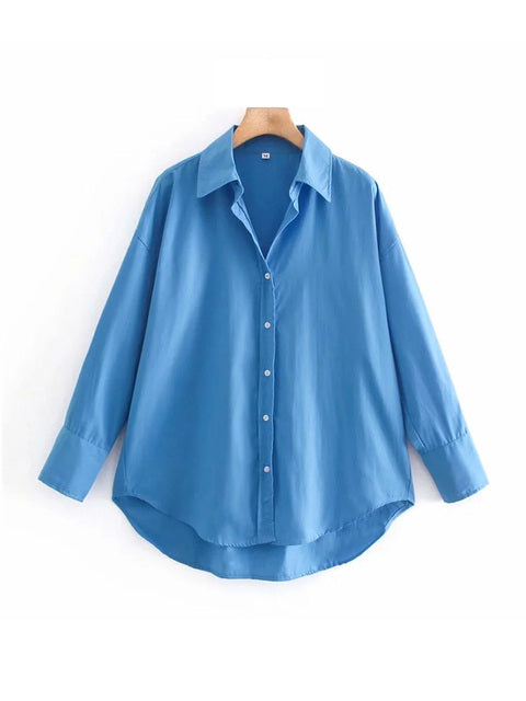 TRAF Women Fashion Loose Asymmetry Poplin Blouses Vintage Long Sleeve