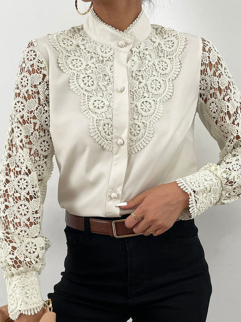 Elegant Women's Blouse Vintage Lace Spliced Long Sleeve Pink Button Up Woman Shirt Tops