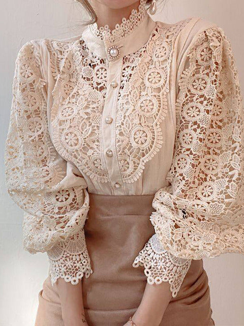 Elegant Women's Blouse Vintage Lace Spliced Long Sleeve Pink Button Up Woman Shirt Tops