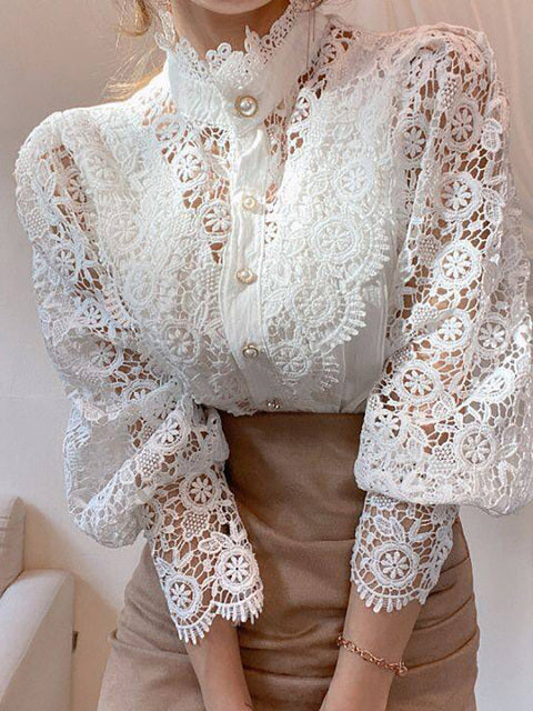 Elegant Women's Blouse Vintage Lace Spliced Long Sleeve Pink Button Up Woman Shirt Tops