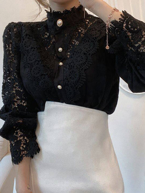 Elegant Women's Blouse Vintage Lace Spliced Long Sleeve Pink Button Up Woman Shirt Tops
