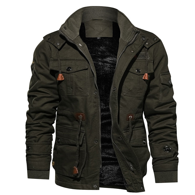 "Elevate winter style with our Men's Warm Hooded Fleece Jacket. Military-inspired design for ultimate comfort."