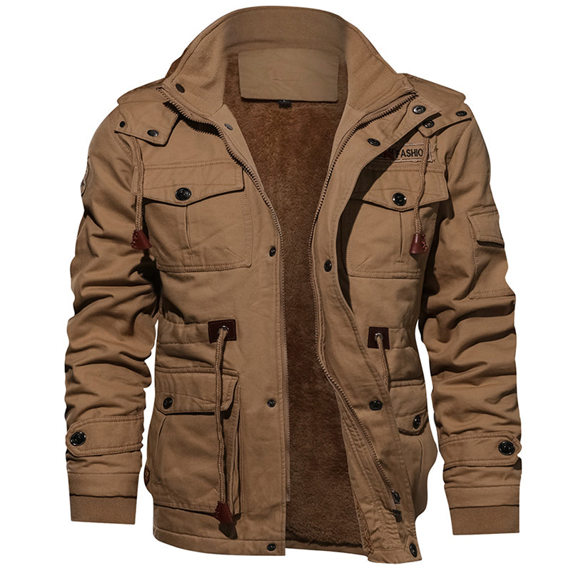 "Elevate winter style with our Men's Warm Hooded Fleece Jacket. Military-inspired design for ultimate comfort."