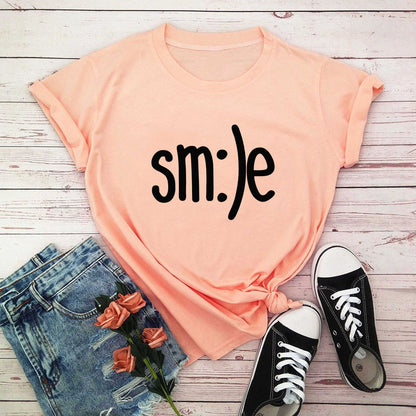  "Radiate positivity with our New Smile Letter Printed T-Shirt for Women. Casual comfort meets joyful style!" image  5