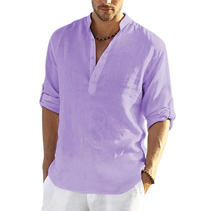"Effortless style: Men's Cotton Linen Long Sleeve Shirt with a relaxed fit and stand collar." image  15