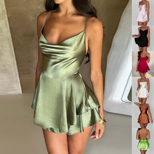 "Captivate in our backless satin dress – a chic blend of allure and sophistication for women."