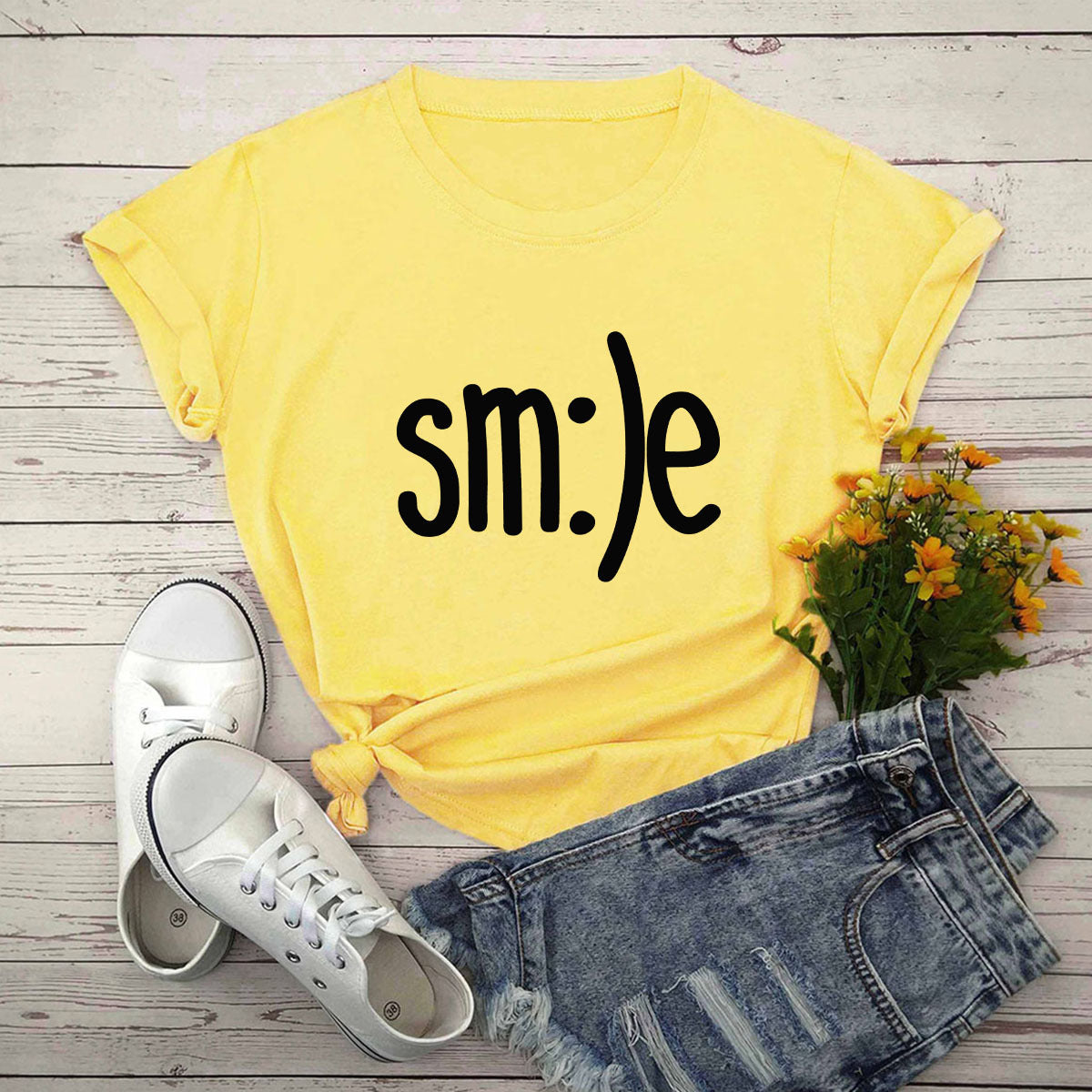  "Radiate positivity with our New Smile Letter Printed T-Shirt for Women. Casual comfort meets joyful style!" image  17