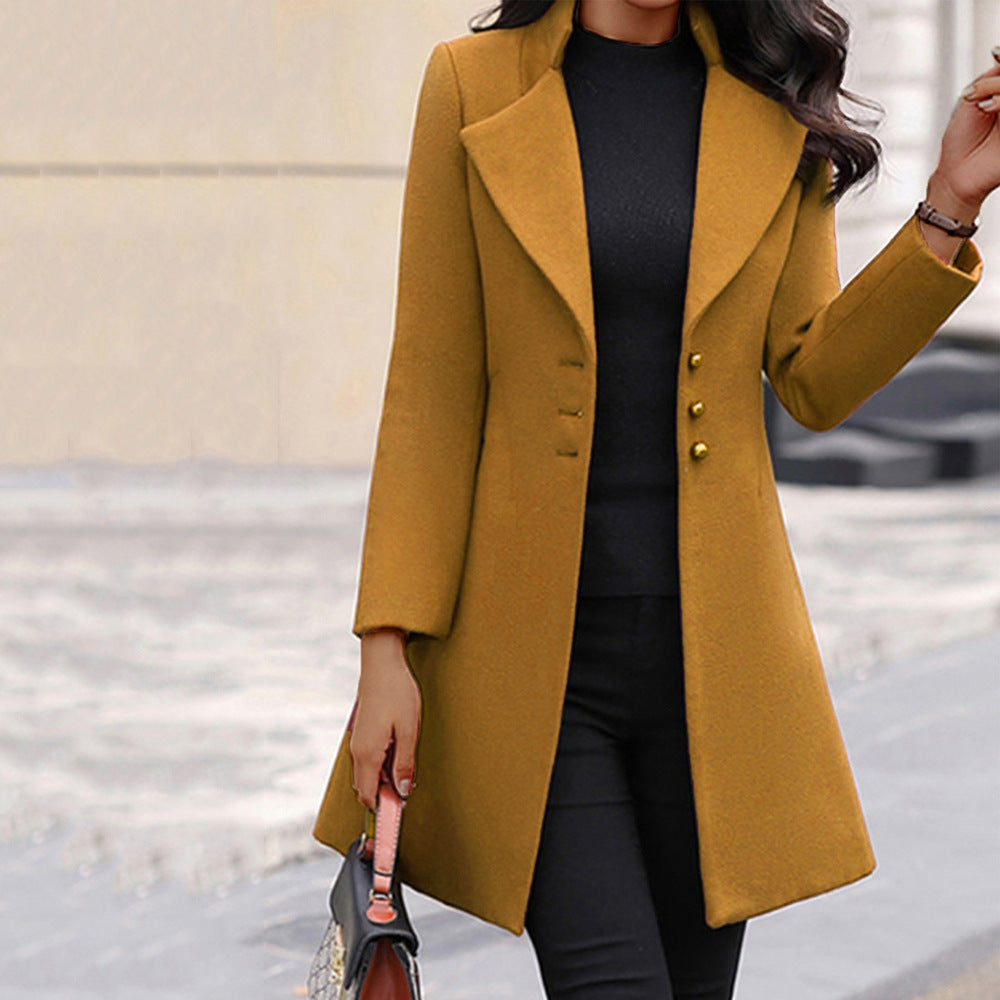  "Elegant winter warmth: Women's Single-Breasted Slim-Fit Lapel Coat. A chic essential for seasonal style."