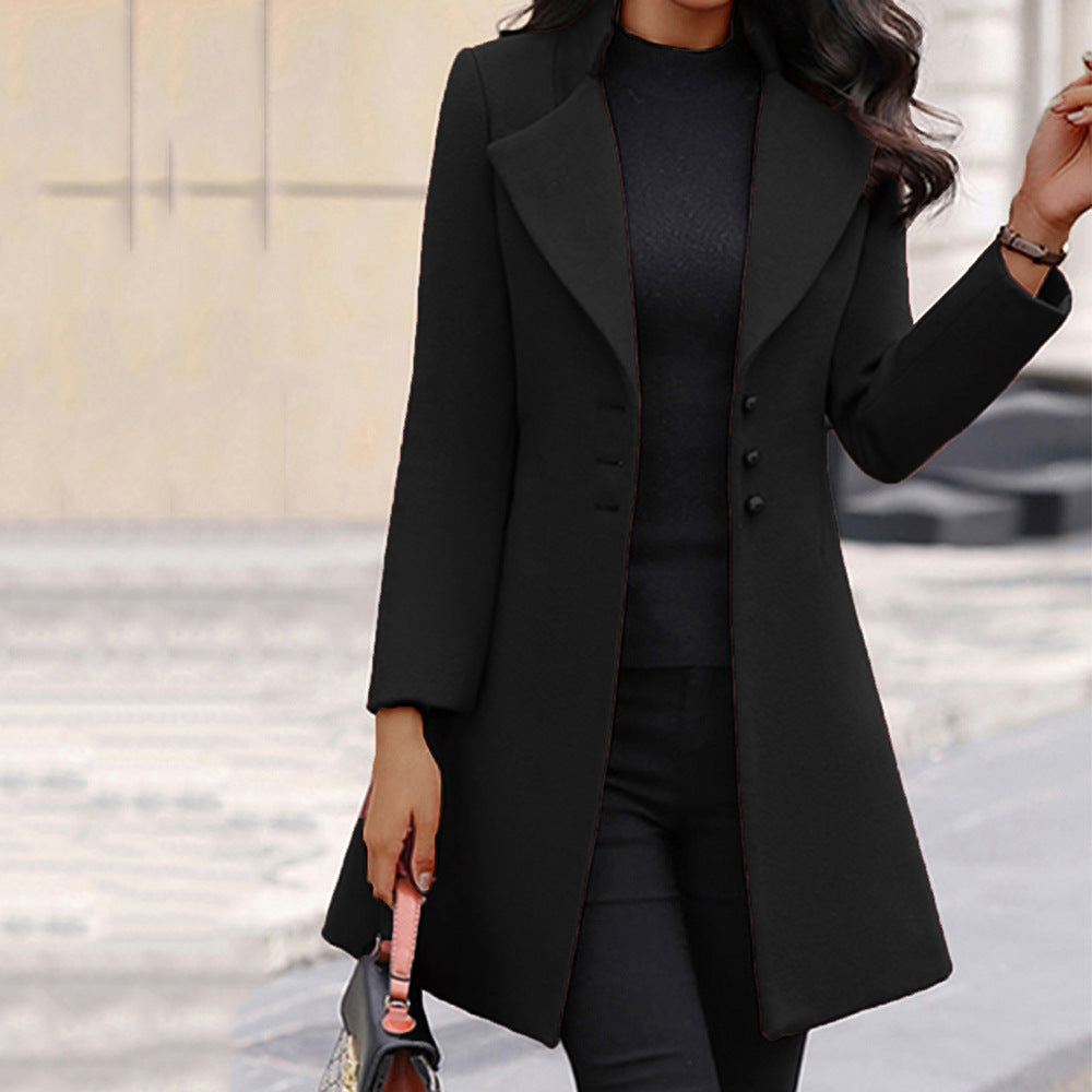  "Elegant winter warmth: Women's Single-Breasted Slim-Fit Lapel Coat. A chic essential for seasonal style."