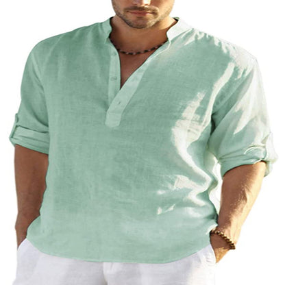 "Effortless style: Men's Cotton Linen Long Sleeve Shirt with a relaxed fit and stand collar." image  13