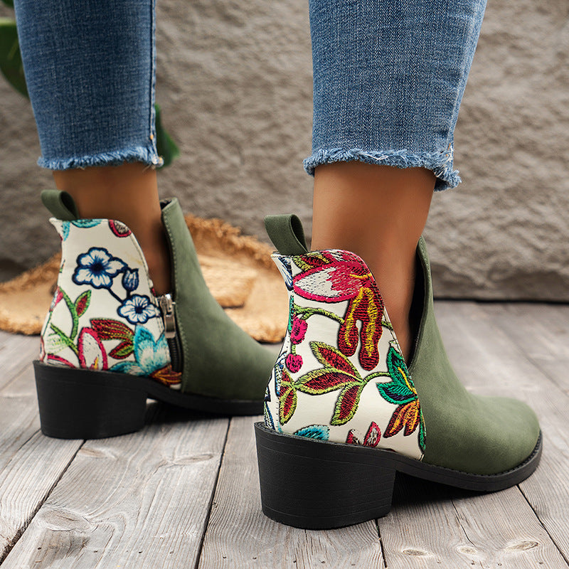 Floral Print Ankle Boots, Stylish Autumn-Winter Heels