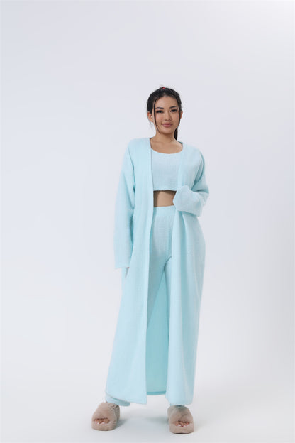  "Chic Knitted Lounge Fuzzy Set: Open Front Cardigan, Crop Tops, Wide-leg Pants. Elevate your style!" image 6