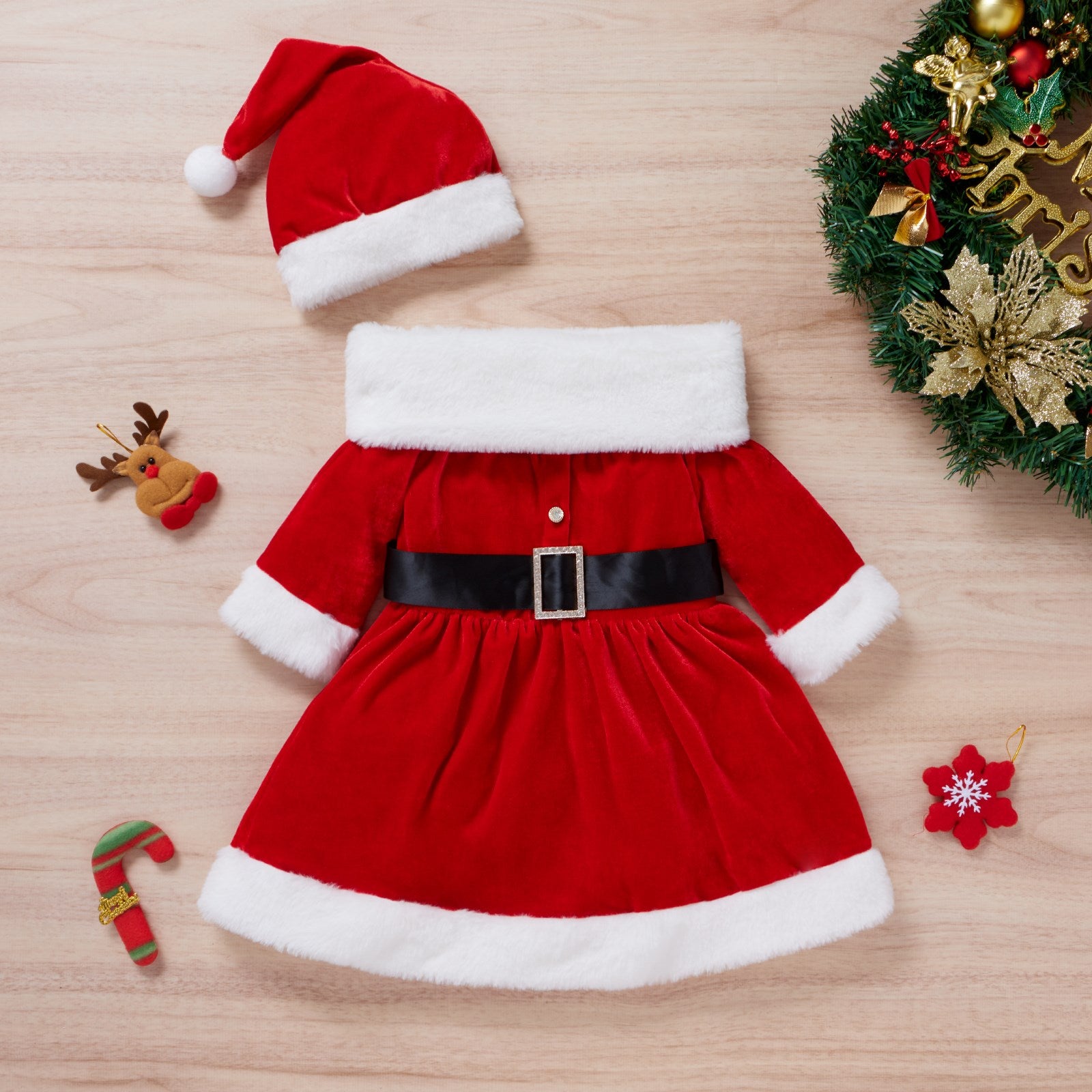 Adorable Toddler Christmas Dress with Hat & Scarf – festive charm for your little one! Available now. image 1